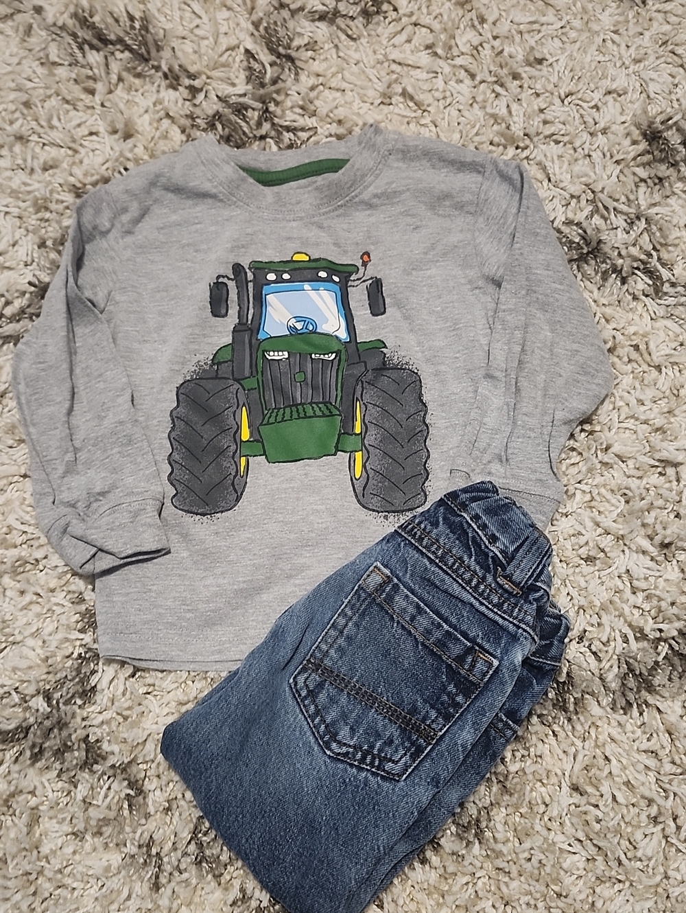 18 Month Boy Outfit Grey Long-Sleeve John Deere And Osjkosh Bootcut Jeans